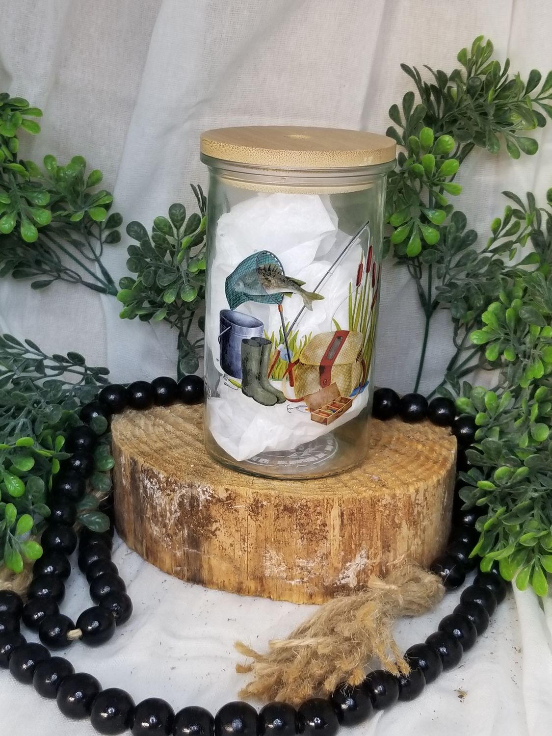 12oz Glass Can w/Bamboo Lid - Fishing Theme