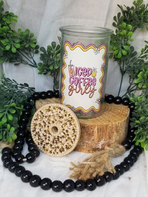 12 oz Glass Can w/Rhinestone Bamboo Lid - Iced Coffee Girly