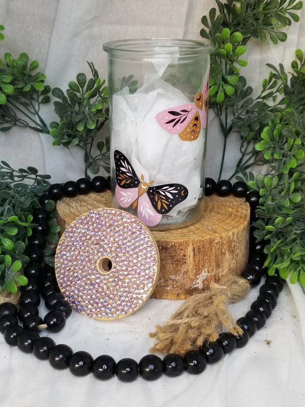 12oz Glass Can w/Rhinestone Bamboo Lid - Boho Butterflies