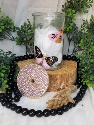 12oz Glass Can w/Rhinestone Bamboo Lid - Boho Butterflies