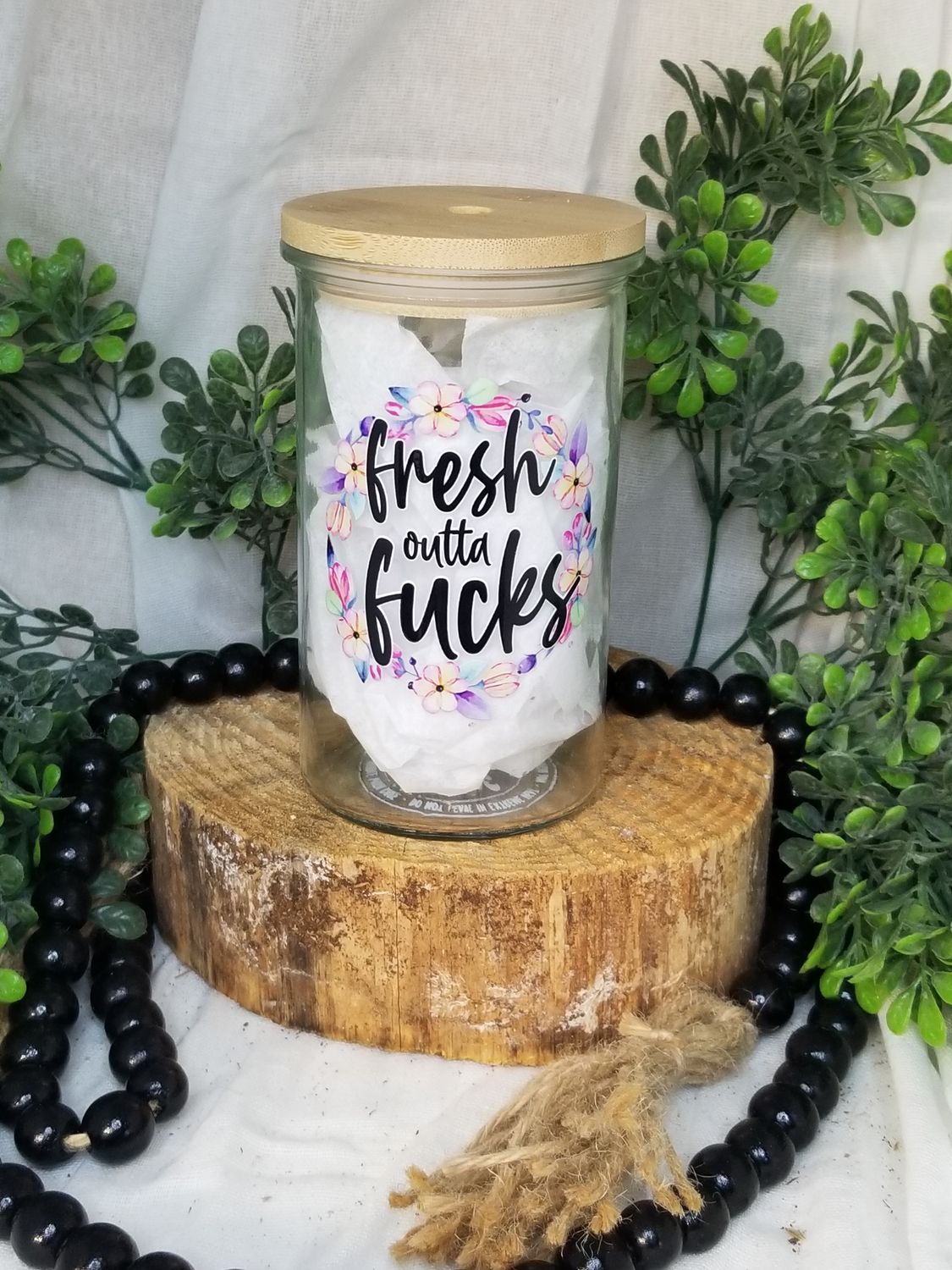 12oz Glass Can w/Bamboo Lid - Fresh Outta Fucks