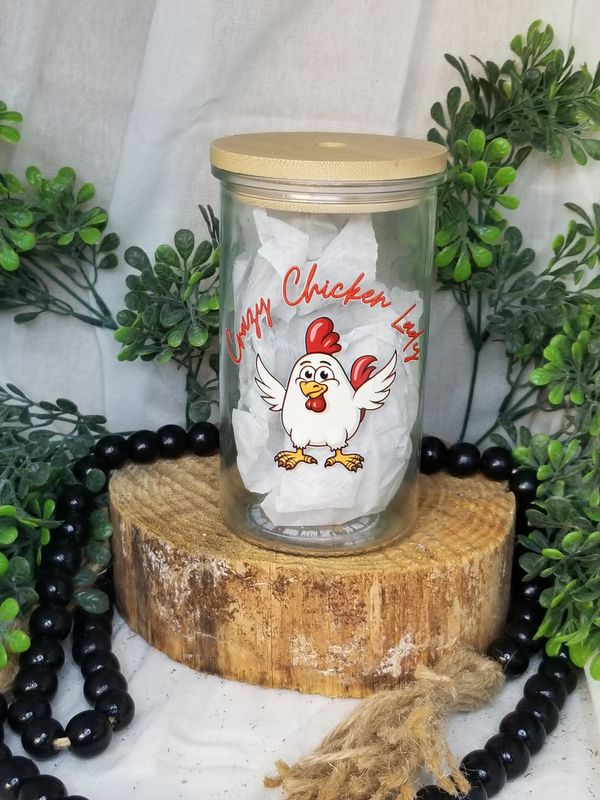 12oz Glass Can w/Bamboo Lid - Crazy Chicken Lady