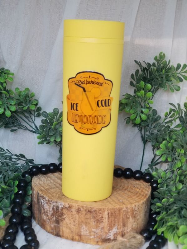 16 oz Skinny Straight Bright Yellow Cold Cup with “Antique Lemonade” UV DTF Decal