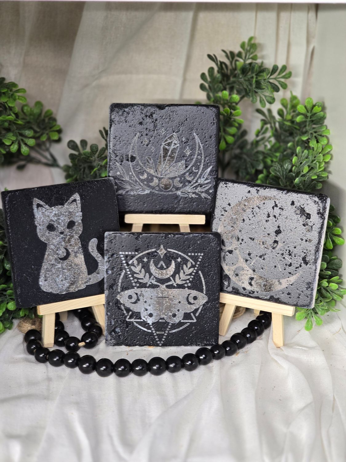 Set of 4 Engraved Stone Coasters – Celestial Cat, Moon &amp; Gem, Evil Eye &amp; Moon, and Moth