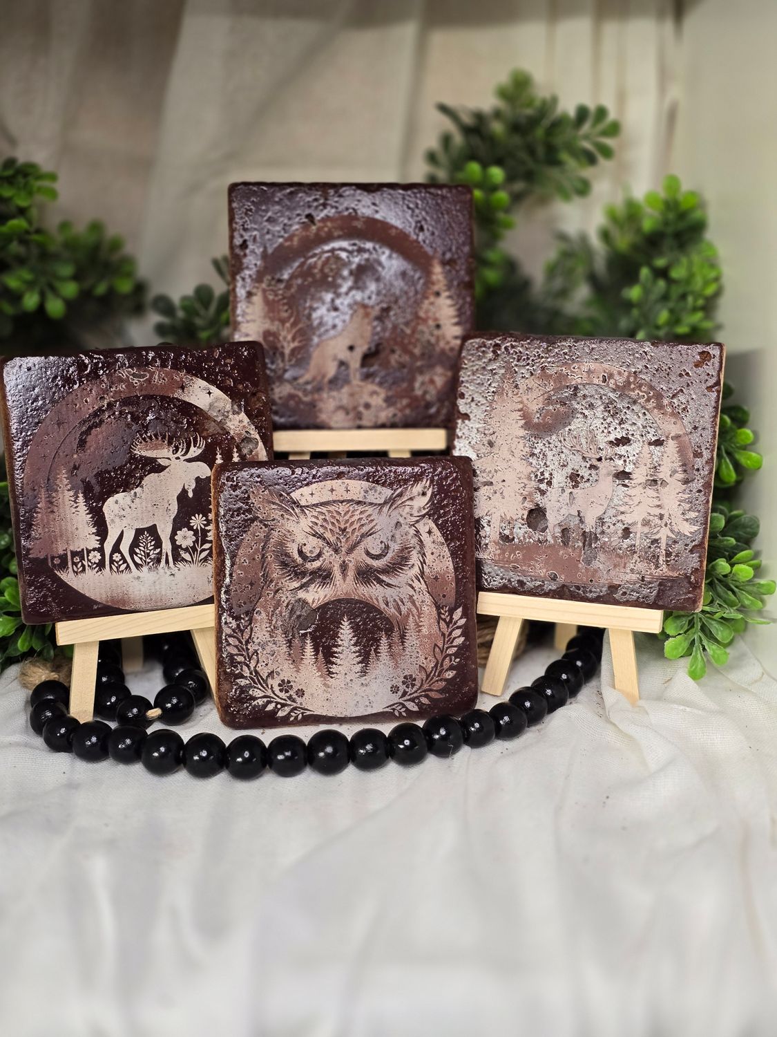 Set of 4 Stone Engraved Coasters – Woodland Creatures (Owl, Moose, Wolf, Deer)