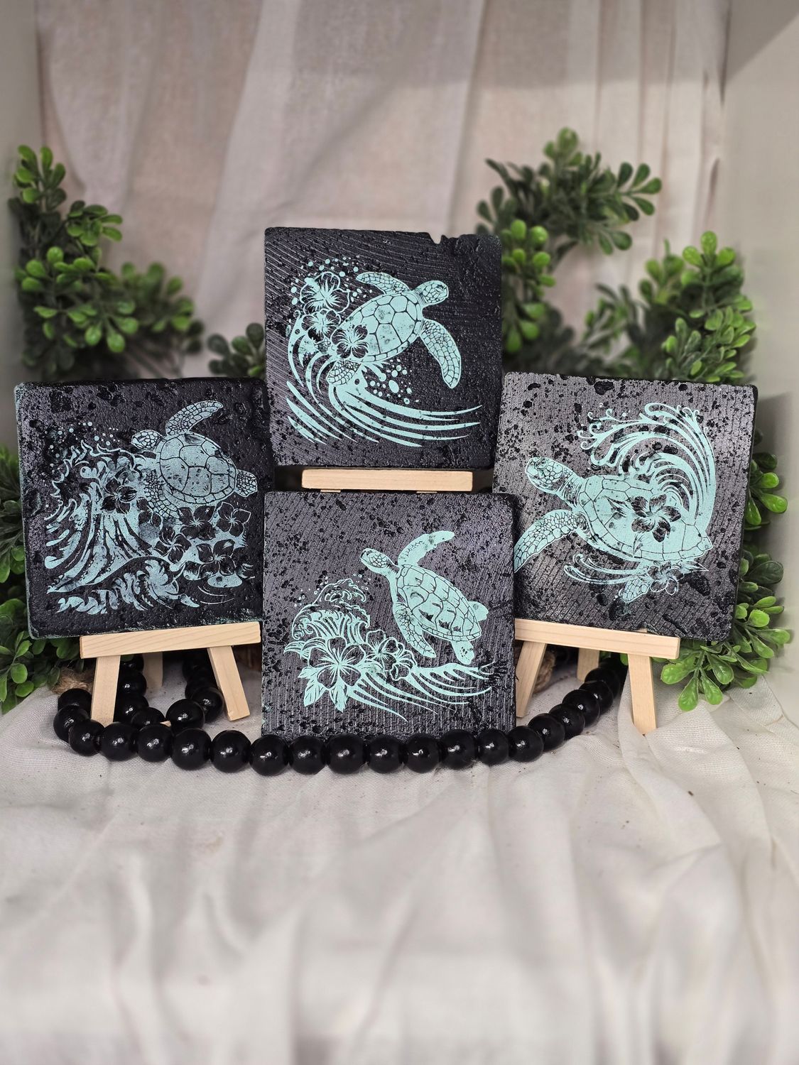 Set of 4 Laser Engraved Stone Coasters – Ocean Theme Animals &amp; Colors