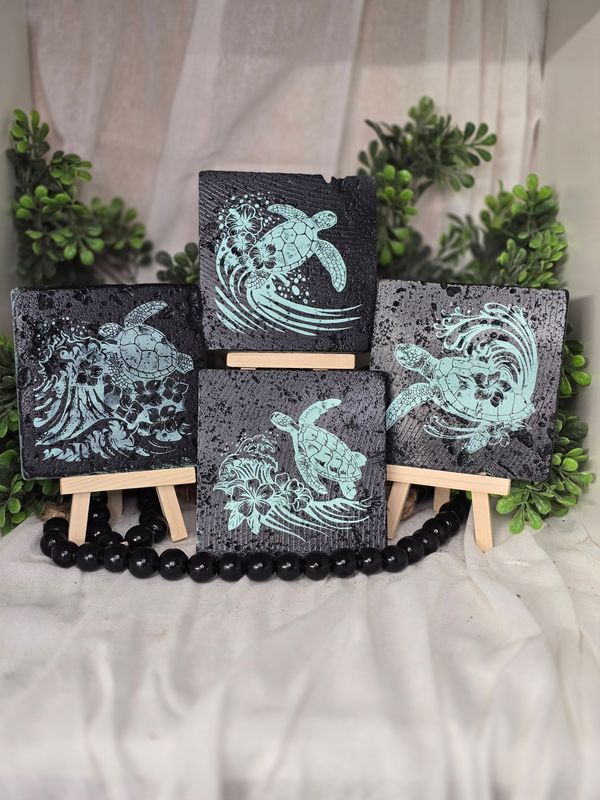 Set of 4 Laser Engraved Stone Coasters – Ocean Theme Animals &amp; Colors