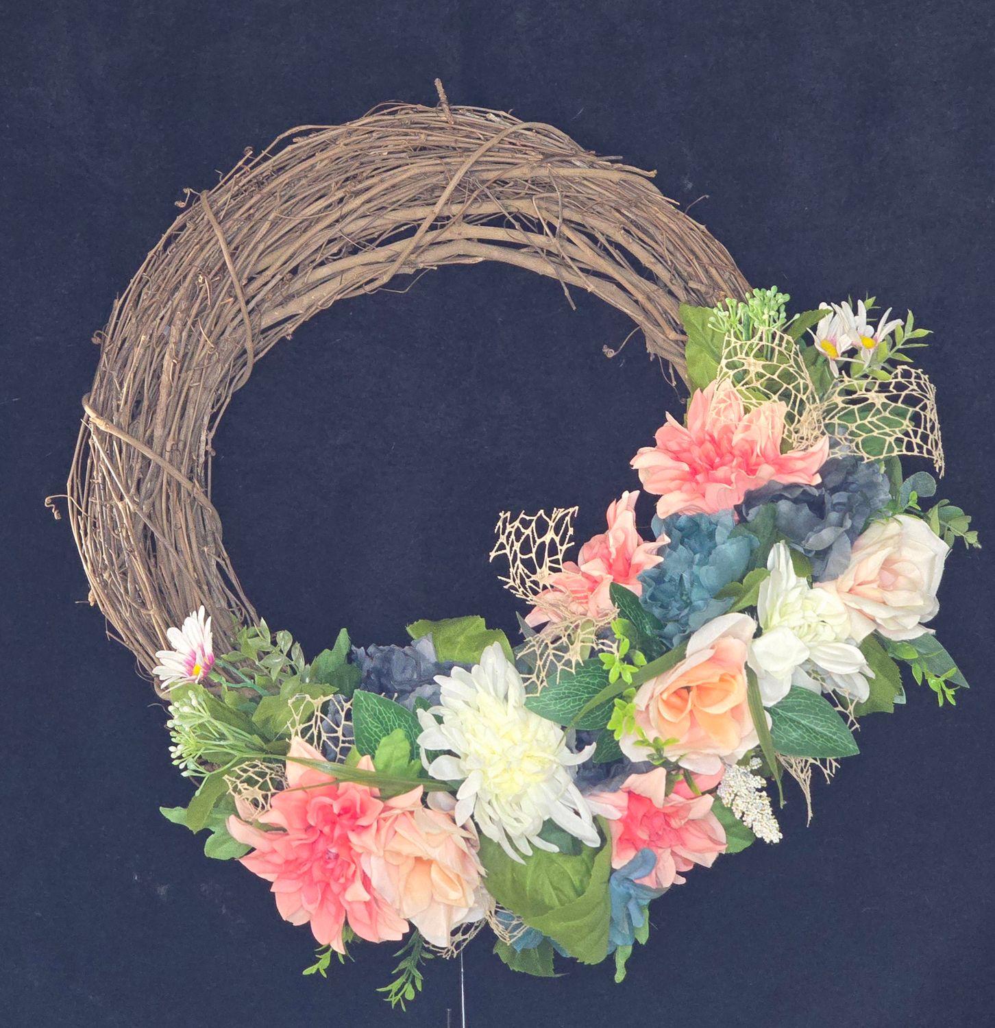 18&quot; Grapevine wreath - Teals, Peaches, Off White, &amp; Sage Green