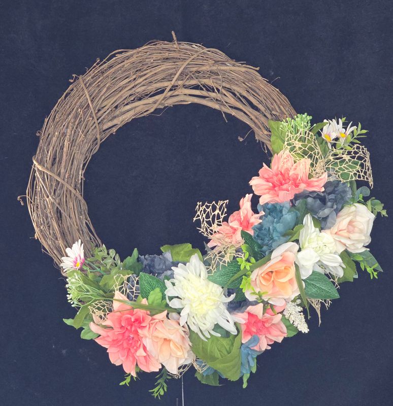 18&quot; Grapevine wreath - Teals, Peaches, Off White, &amp; Sage Green