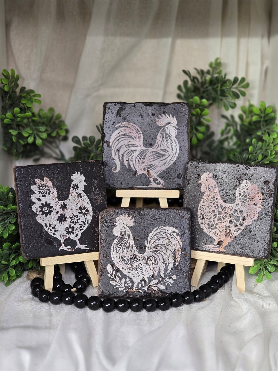 Set of 4 Laser Engraved Stone Coasters – Chicken/Rooster Farm Theme