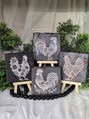 Set of 4 Laser Engraved Stone Coasters – Chicken/Rooster Farm Theme