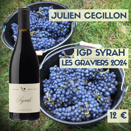 6 bouteilles de Julien Cecillon, Syrah &quot;les Graviers&quot; IGP Collines Rhodaniennes 2024 (12€)