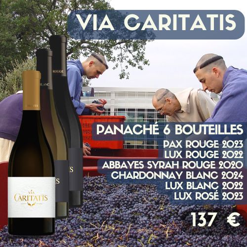 Panaché 6 bouteilles de Via Caritatis  3 Rouges : LUX, PAX et ABBAYES  2 Blancs : LUX et CHARDONNAY 1 Rosé : LUX. (137 €)