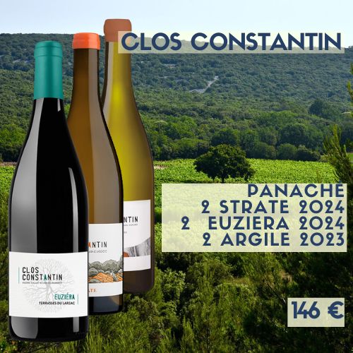 Panaché Clos Constantin 2 Strate blanc, 2 vin de france Argile blanc 2023 et 2 terrasses du Larzac Euzéria rouge (146 €) Panaché Clos Constantin 2 Strate blanc, 2 vin de france Argile blanc 2023 et 2 terrasses du Larzac Euzéria rouge (146 €)