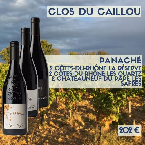 Panaché 6 bouteilles de Clos du Caillou  2 Côtes-du-Rhône 2 La Réserve et 2 les Quartz 2024 Châteauneuf du Pape Les Safres 2023 (202 €)