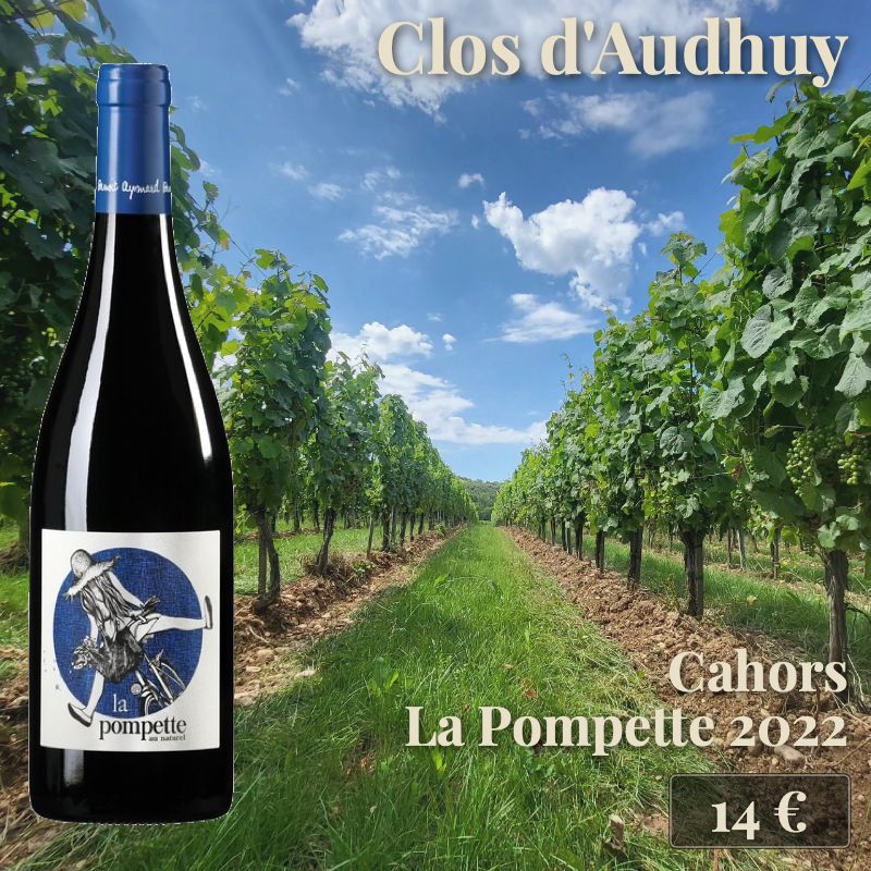 6 bouteilles de "Cahors La Pompette 2022, vin nature sans soufre", Clos d'Audhuy (14€) 6 bouteilles de "Cahors La Pompette 2022, vin nature sans soufre", Clos d'Audhuy (14€)