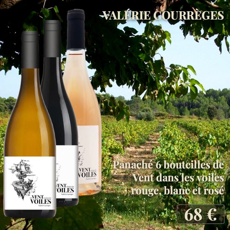 Panaché Vent dans les Voiles, 6 bouteilles : 2 blanc, 2 rouge et 2 rosé, Valérie Courrèges (68€) Panaché Vent dans les Voiles, 6 bouteilles : 2 blanc, 2 rouge et 2 rosé, Valérie Courrèges (68€)