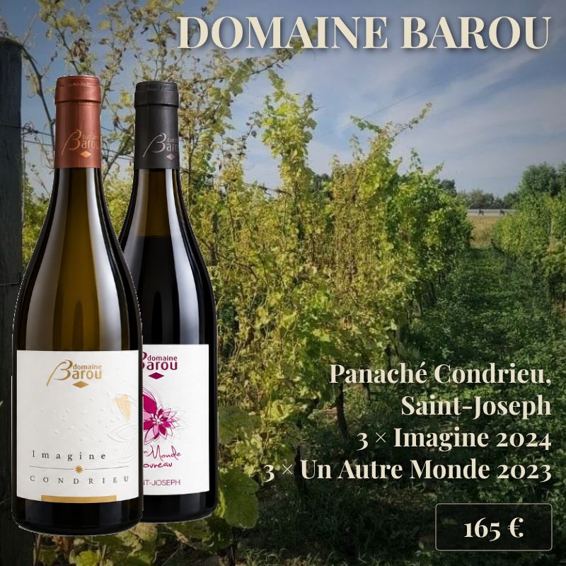 Panaché de 6 bouteilles : 3 bouteilles de "Un Monde Nouveau" 2023 et 3 bouteilles de "Imagine" 2024, Domaine Barou (165€) Panaché de 6 bouteilles : 3 bouteilles de "Un Monde Nouveau" 2023 et 3 bouteilles de "Imagine" 2024, Domaine Barou (165€)