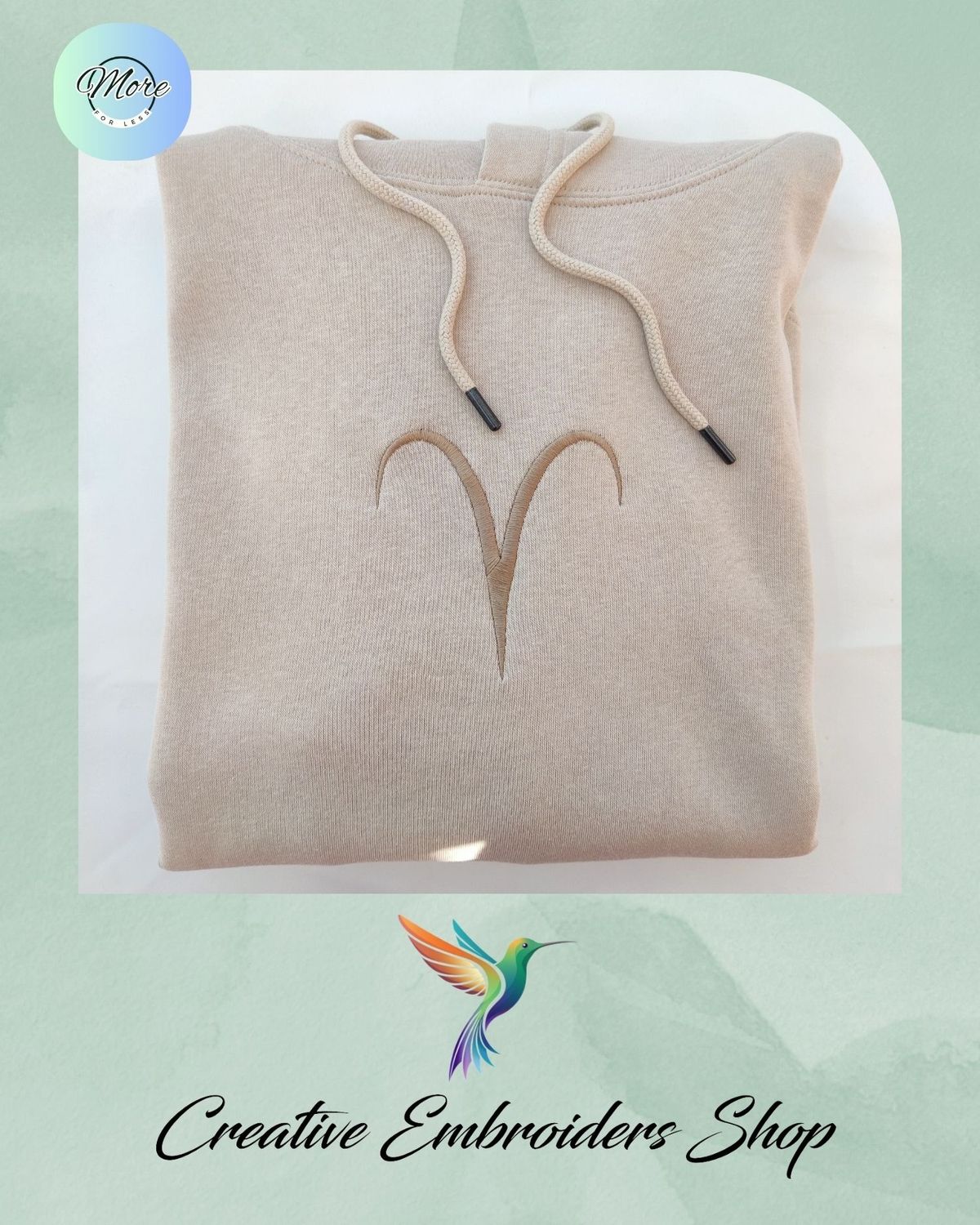 Stone coloured hoodie with aries star sign of the zodiac embroidery in beige thread