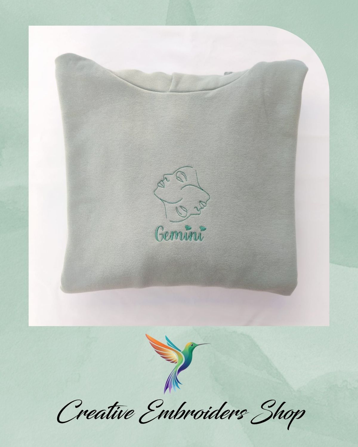sage green hoodies with gemini sign of the zodiac embroidery