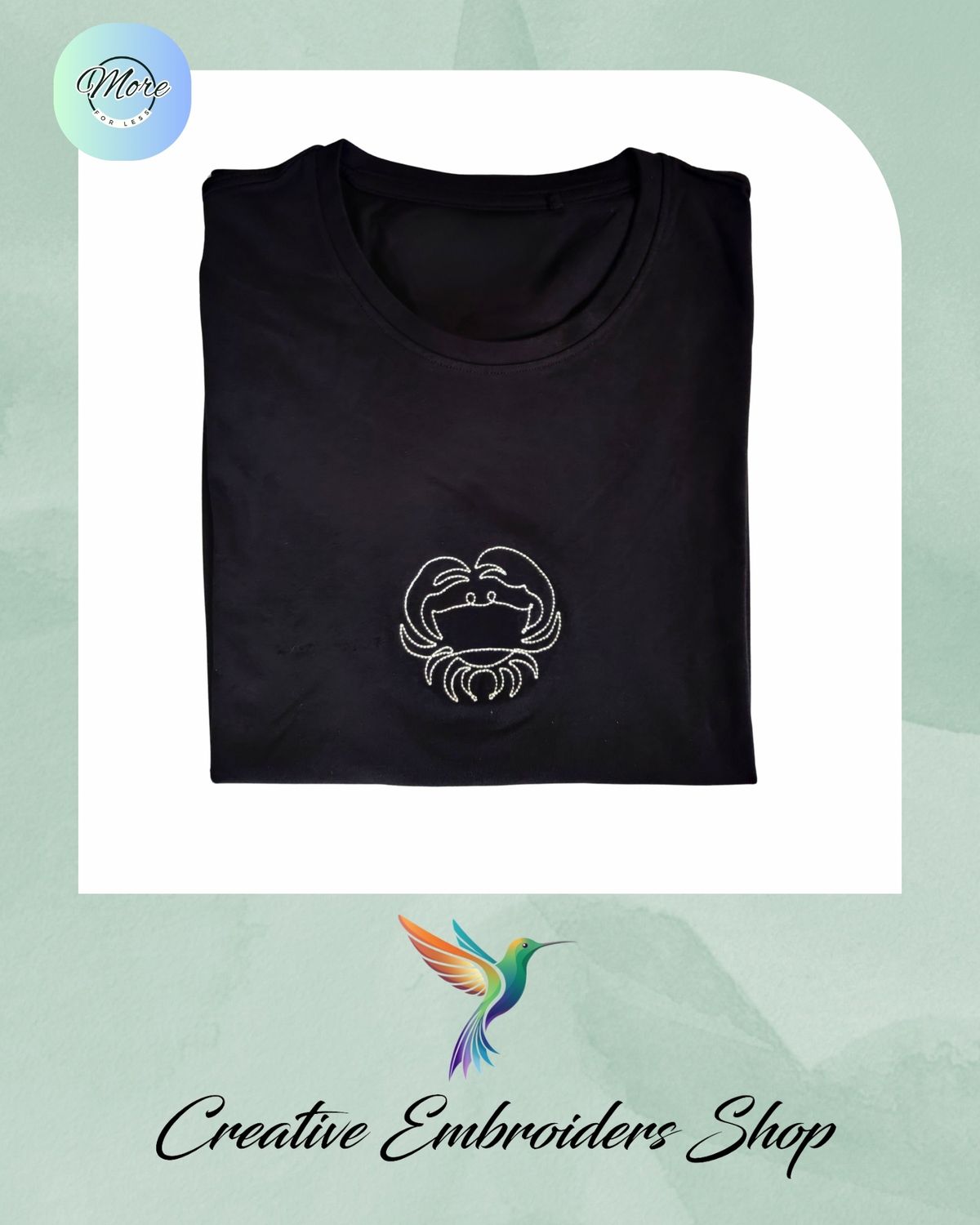 black cotton t-shirt embroidered with a crab, cancer sun sign zodiac emblem