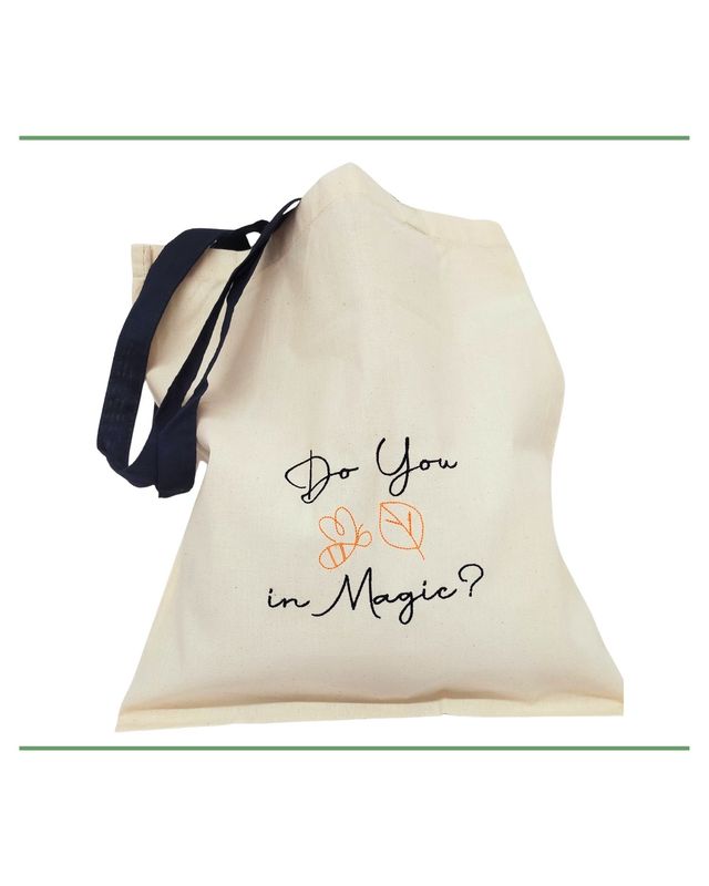 believe in magic cotton tote bag, long handles, embroidered tote bag, black handles