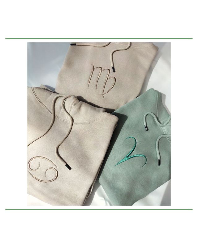 star sign embroidered hoodies, zodiac symbol for virgo, cancer and aries, personalized horoscope hoodies