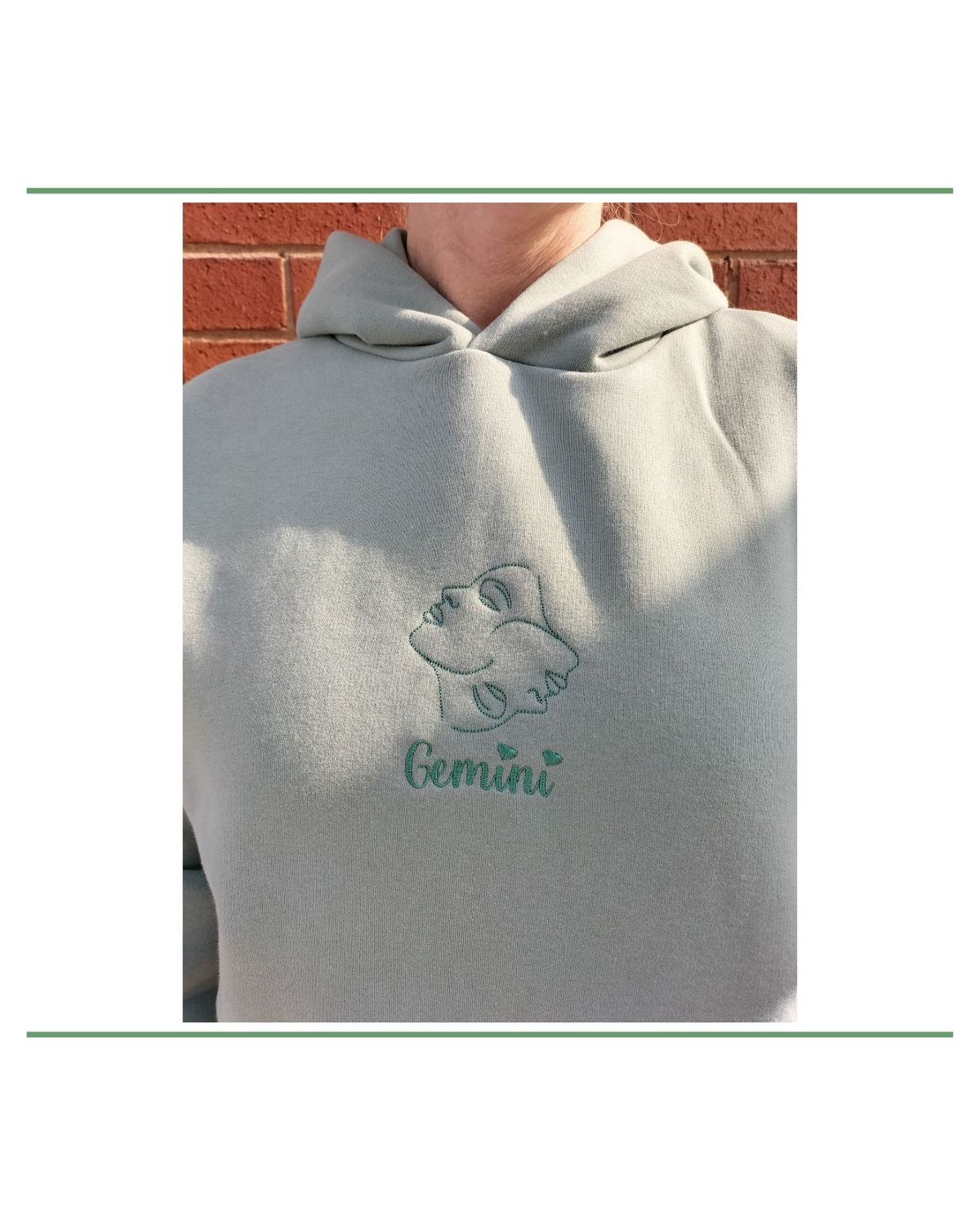 Sage green deluxe hoodie with Gemini zodiac embroidery, gemini star sign hoodie, gemini horoscope symbol