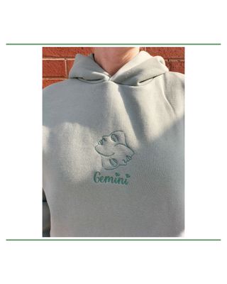 Sage green deluxe hoodie with Gemini zodiac embroidery, gemini star sign hoodie, gemini horoscope symbol