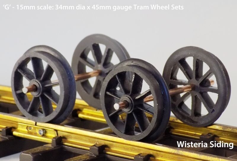 'G' scale Tramcar Wheel Sets 34mm dia, resin with 3.2mm x 70mm steel axles