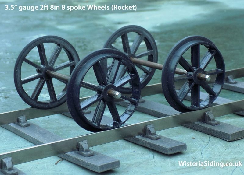 3.5 inch gauge 2ft8in x 8 spoke 52mm Rocket Wagon Wheels (axle + 2 wheels) x two