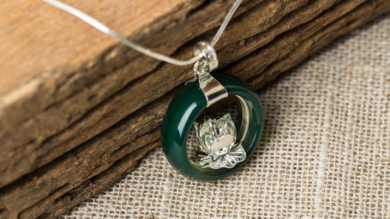 Jade with silver lotus necklace