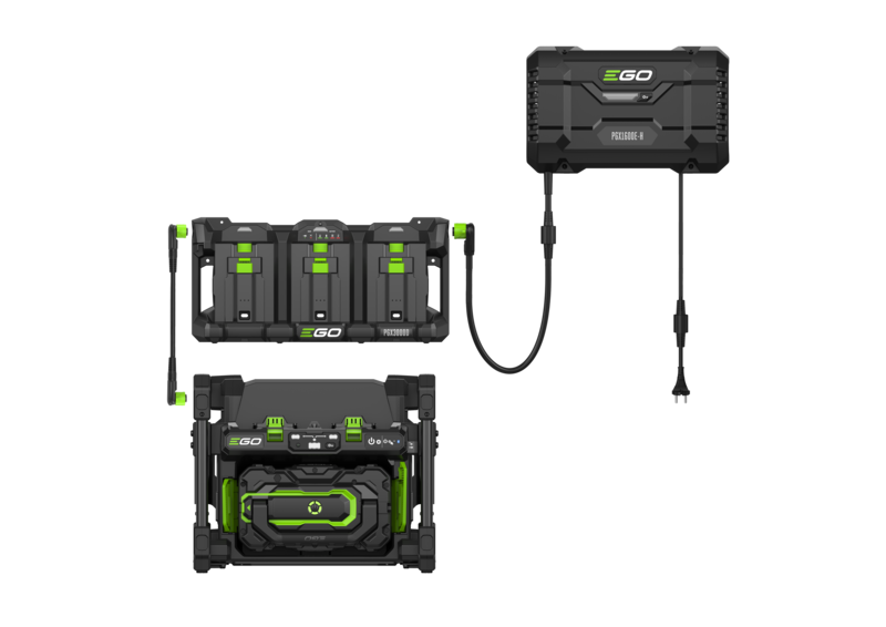 EGO 56 Volt PGX1400PB POWERBANK-LADESTATION (Zwei Ladeschächte), HC2240T 40Ah-POWERBANK, PGX3000D Ladeträger (für 3 Akkus) + PGX1600E-H - 1600 Watt Ladegerät und 1x ACE0700 Verbindungskabel
