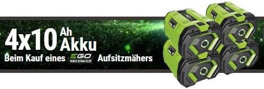 Gratisakkus 4x 10 Ah - Bei Bestellung von EGO-Aufsitzmäher/EGO-Rasentraktor bei uns - NORMALPREIS: