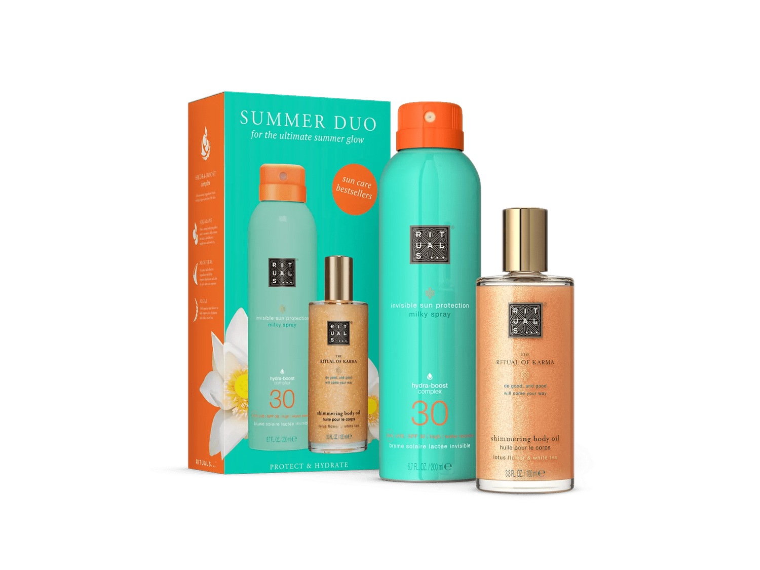 loción solar en espray SPF 30 y el aceite iluminador
