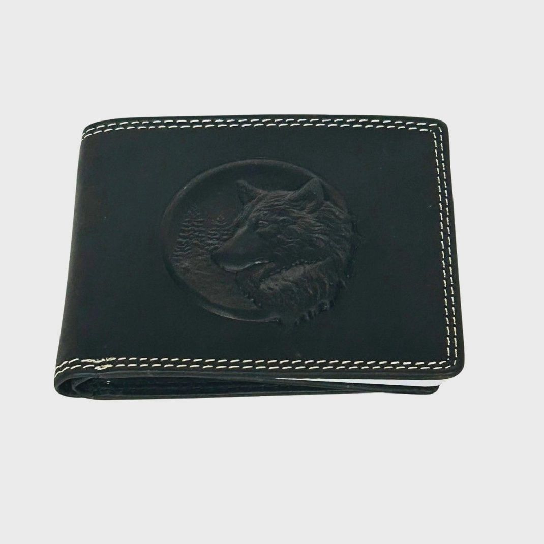 Embossed Wolf Bifold  Wallet, Color: Black