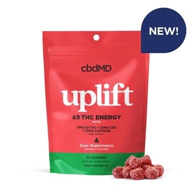 Uplift from cbdMD - Sativa - 5MG THC + 25MG CBD + 25MG Caffeine - Sour Watermelon Gummies