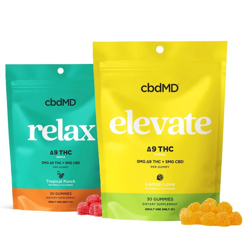 cbdMD Relax &amp; Elevate Gummies - 5mg Delta 9 THC + 5mg CBD - Full Spectrum (300mg Total)