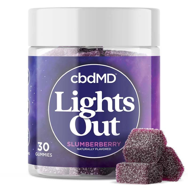 bdMD Lights Out Sleep Gummies in Slumberberry flavor, featuring 50mg CBD, 20mg CBN, and 3mg THC per serving
