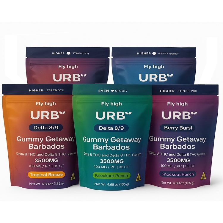 Five-pack group shot of URB Gummy Getaway Barbados Delta 8/9 THC Gummies (Voodoo Sunrise, Blue Watermelon, Tropical Breeze, Knockout Punch, Berry Burst) arranged on a white background