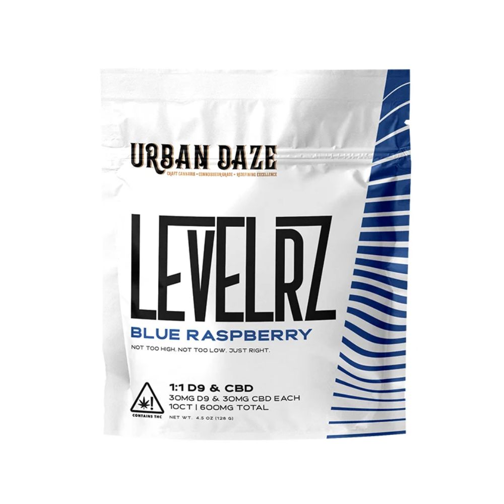 Urban Daze Levelrz 1:1 Gummies 30mg THC and 30mg CBD, Flavor: Blue Raspberry