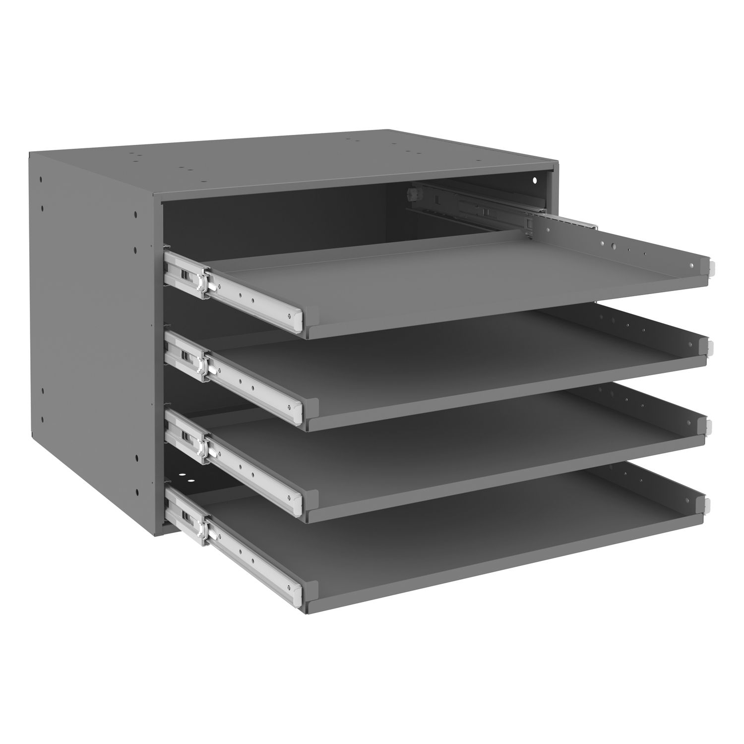Large Bearing Slide Rack, 4 Compartment Boxes, Heavy Duty Steel, Gray* Depth 15&quot;