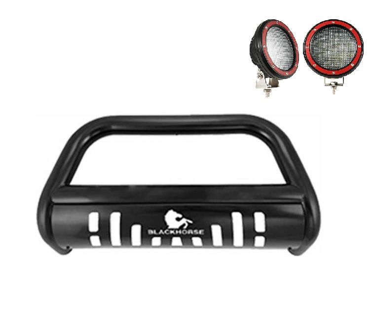 BJPCEASPPR Black Horse Offroad BBJPCEA-SP-PLFR Bull Bar; 2-1/2 Inch Diameter Tube; Powder Coated; Black; Steel; With Skid Plate; With 1 Set of 5.3 Inch Round Flood Red LED Lights/ With Harness and Swi