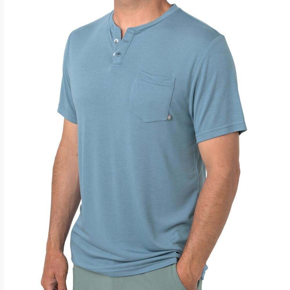 Free Fly M&#39;s Bamboo Slacktide Short Sleeve Henley, Color: Atlantic Blue, Size: S
