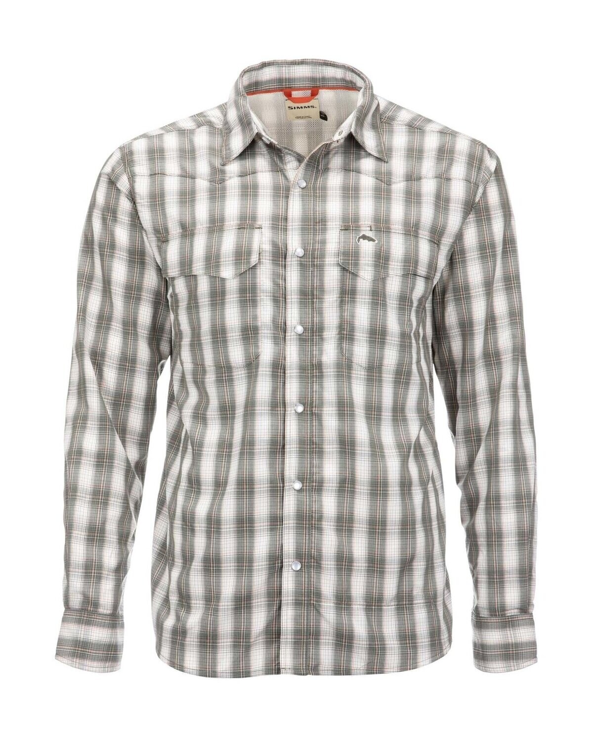 Simm&#39;s M&#39;s Big Sky Long-Sleeve Fishing Shirt, Color: Dark Stone/Coral Plaid, Size: M