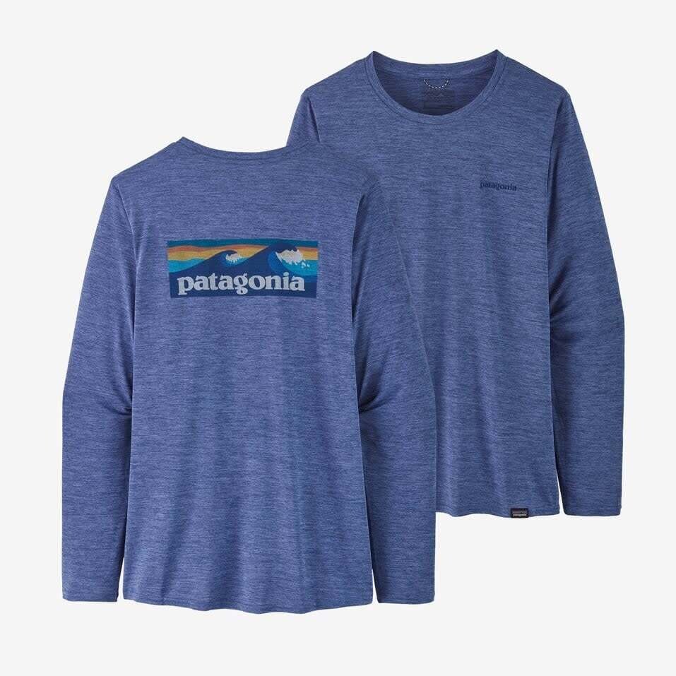 Patagonia W&#39;s Long-Sleeved Capilene Cool Daily Graphic Shirt Boardshort Logo: Current Blue X-Dye (BLCX) M