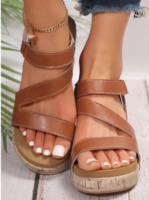 Leather Wedge Sandals Brown