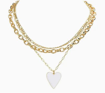 Gold Heart Triple Layered Necklace White