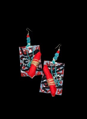 Boho Style Denim and Burlap Wrapped Abstract Earrings