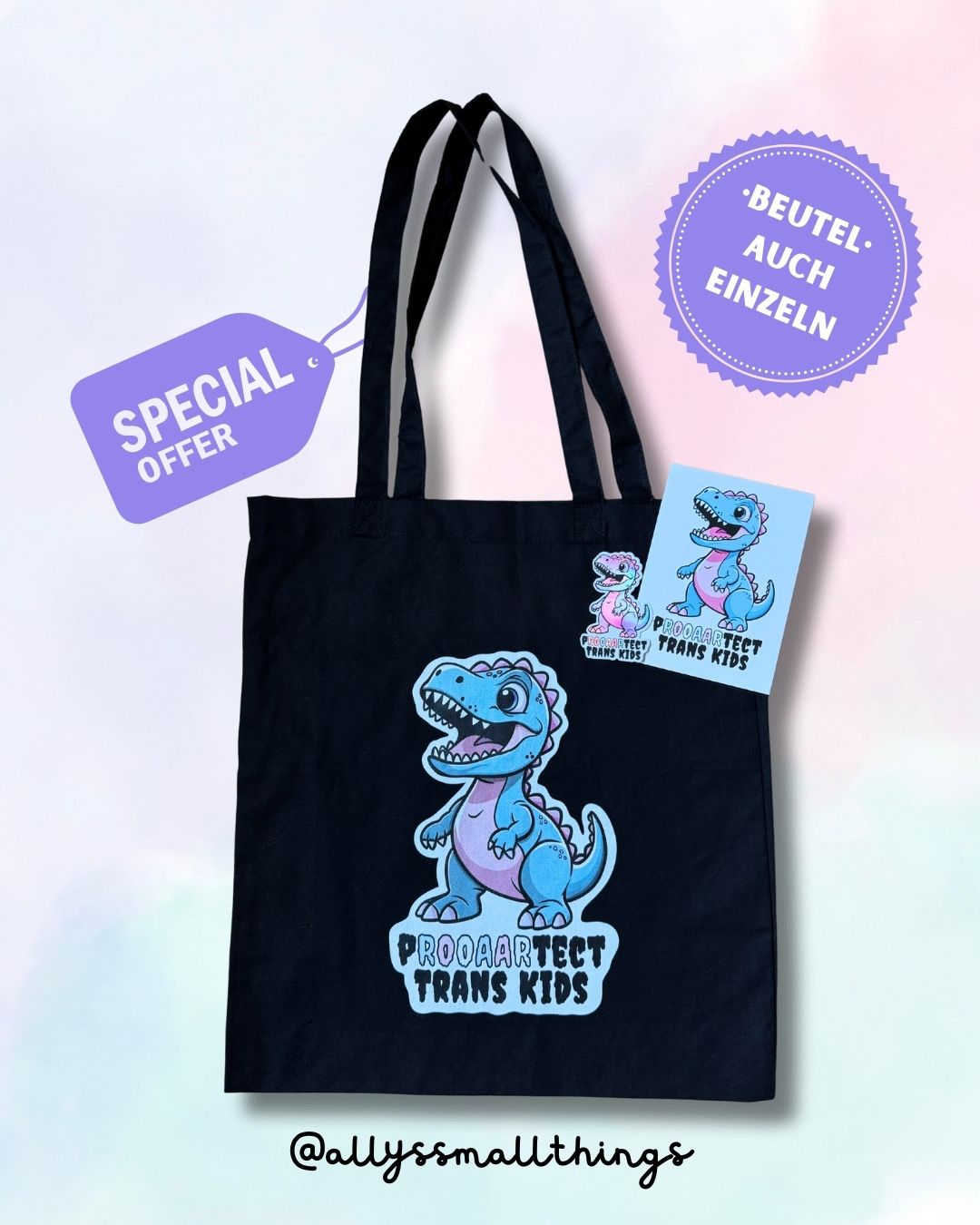 T-Rex Protect Trans Kids 🦖🏳️‍⚧️ Beutel, Tasche Fairtrade, Dino, Equality